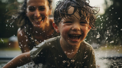 Obraz premium Water Play Harmony: Spirited Moments of Mother and Son 