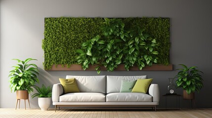Modern living room interior with sofa and green leaf ornament and minimalist design