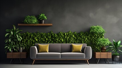 Modern living room interior with sofa and green leaf ornament and minimalist design