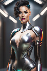 Fototapeta na wymiar A beautiful brunette cyborg with short hair in a futuristic space shed. Generative AI_4.