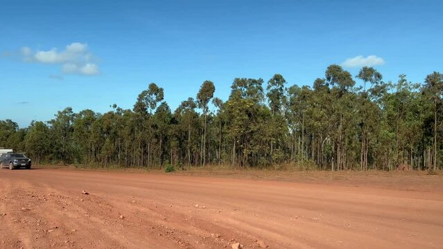 Off road vehicle drive on Peninsula Development Road DPR, the main transport link within Cape York and Australian mainland. 