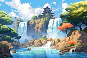 japanese style background, beautiful waterfall