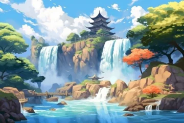 Fotobehang japanese style background, beautiful waterfall © Yoshimura