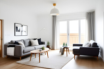 Modern interior japandi style design livingroom. Lighting and sunny scandinavian apartment