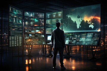 Obraz premium a computer on the background a high-definition cyberpunk data center. generative AI