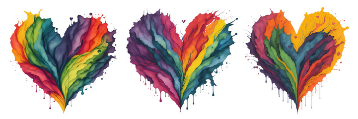 Watercolor Heart Shape Splash With Rainbow Colors Concept of Love Relationship Collection On A Transparent Or White Background.