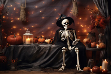 Witchy Skeleton with Jack-o'-Lanterns: Spooky Halloween Scene with Candles Generative AI