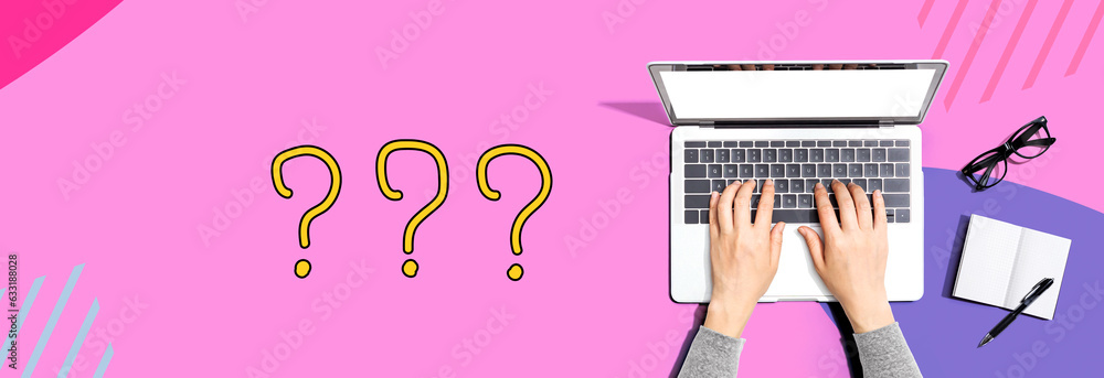 Poster question marks with person using a laptop computer