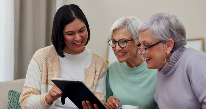 Tablet, laughing and a carer with senior women in a retirement home or assisted living community. Technology, healthcare and elderly friends in a living room together with their happy female nurse