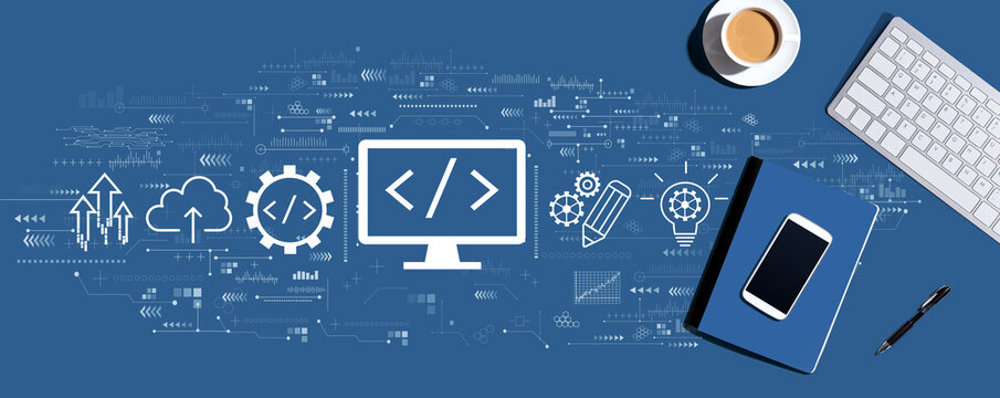 Web development concept with a computer keyboard and office items