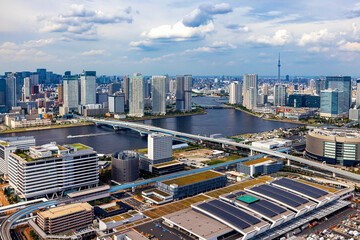 Aerial view of Odaiba Harbor in Minato City, Tokyo, Japan