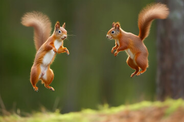 a pair of squirrels is jumping - obrazy, fototapety, plakaty