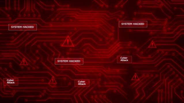 Attention Danger Glitched Background. Computer Virus. System Hacked Error Sign. Malware, Data Breach. Malware, virus, data leak threat, system hacking, scam, ddos background. 4K 3D Cyber crime attack