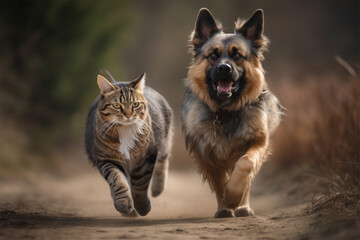 Naklejka na ściany i meble dog and cat running together