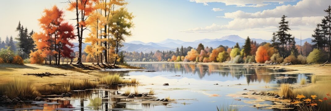 a serene lake surrounded by autumn trees, generative AI