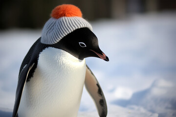 a penguin wearing a snow cap