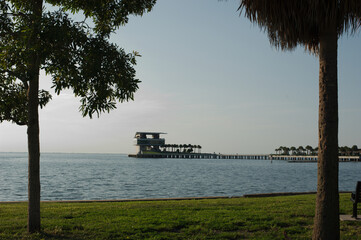 Looking south east from Vinoy Park in St. Petersburg, Florida early morning sun toward pier and...