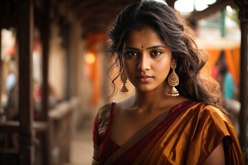 Fototapeta premium oung beautiful indian woman in traditional dress with sari
