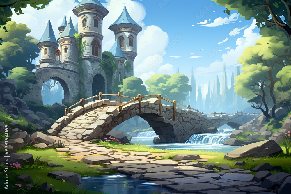 Wall mural background environment of a 2d abstract stone bridge for adventure or battle mobile game. cartoon st