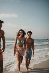 young multiracial people walking on beach