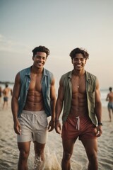 young happy african american male friends in swimwear and sunglasses standing on the beach.