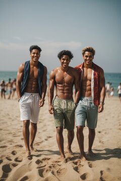 three young friends standing in a beach. high quality photo