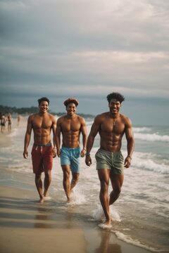 three muscular men running on beach
