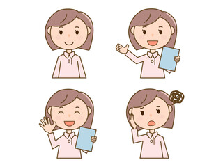 カルテを持って説明する_挨拶する_悩む看護師さん__ピンク白衣女性の4ポーズセット