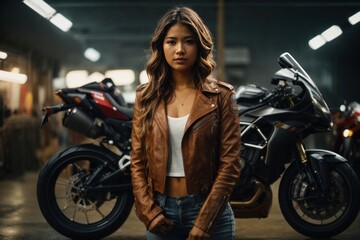 Obraz na płótnie Canvas portrait of a women with superbike in background