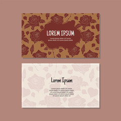 Business card template, rose flowers and leaves seamless pattern vector design. Double-sided creative business card template. Landscape orientation. Vector illustration.