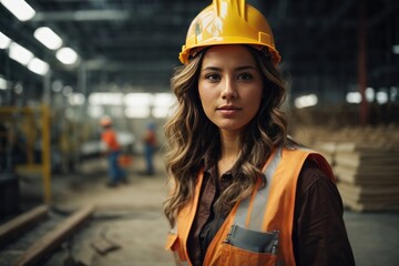 portrait of female worker wearing safety helmet in factory, looking at camera.