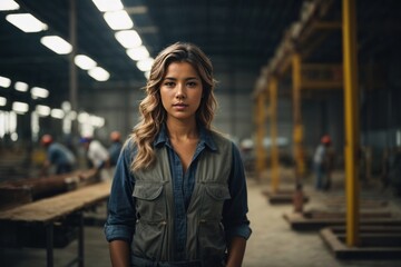 portrait of young woman in industrial warehouse.