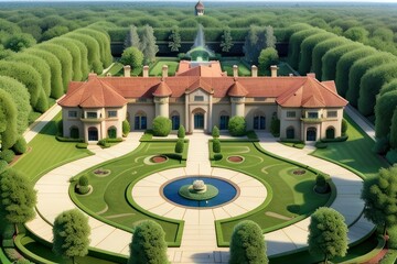 big house with garden and fountain