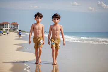 twin boys walking on the beach