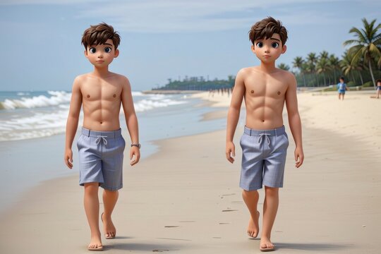 twin boys walking on the beach