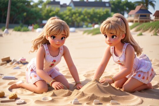 two little girls playing on the beach