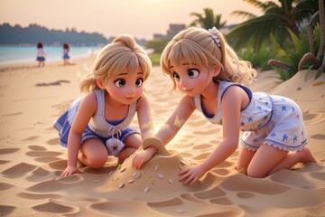 Fototapeta premium two little girls playing on the beach