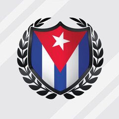 Cuba Glossy Black Shield Flag With Rounding Leaf Wreath 
