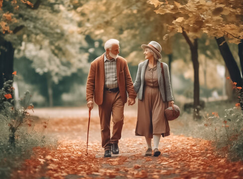 Senior couple holding hands looks happy in the park in the afternoon autumn sunlight, happy, happily retired with copy space. Beautiful senior couple in love outside in spring nature. Generative AI.