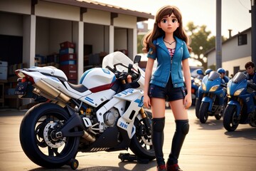 Naklejka premium girl standing in front of bike