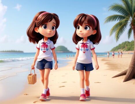 twins little girls walking on the beach