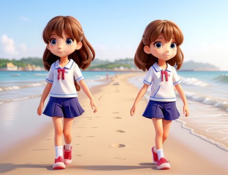 twins little girls walking on the beach