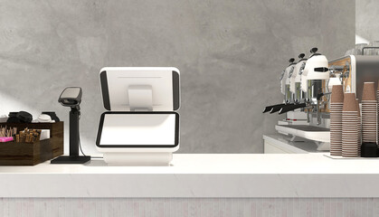 White modern blank screen of digital cash register, touchscreen tablet, barcode scanner on luxury...