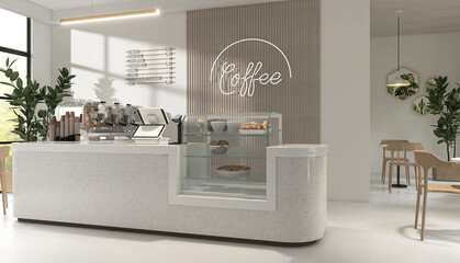 Modern luxury design cafe, mosaic tile white round corner counter, cake display, espresso machine, cash register, table, chair by window to tropical garden for interior design decoration background 3D