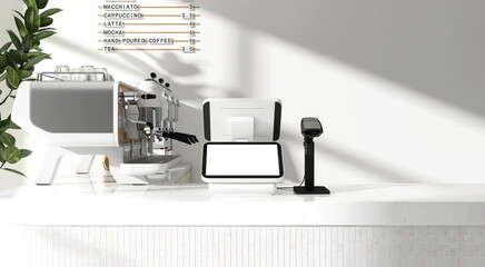 White modern design blank screen of digital cash register, barcode scanner on luxury mosaic cafe counter with espresso maker machine, coffee cup for contactless payment technology background 3D