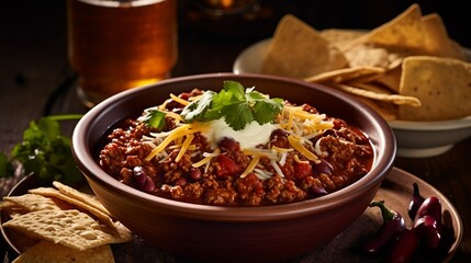 Texas style chili in a simple bowl with chips and beer - obrazy, fototapety, plakaty