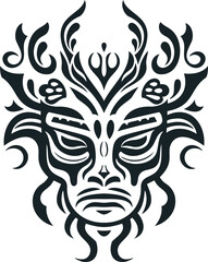 Tribal man tattoo design, home decor tribal mask art with floral tails, wall decal art, black and white 