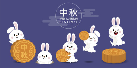 Happy mid autumn festival, Chuseok greeting card with cute rabbit and moon cake. Animal holidays cartoon character vector. Translate: Happy autumn festival.