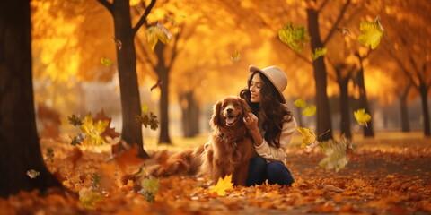 Autumn in City park ,woman walk and play with happy spaniel dog,yellow leaves fall gold  sunny Autumn Season