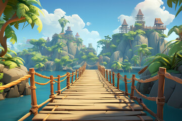 Background environment of 3D abstract bamboo bridge for adventure mobile game. Cartoon style bridge over tropical lake in game art background environment. - obrazy, fototapety, plakaty